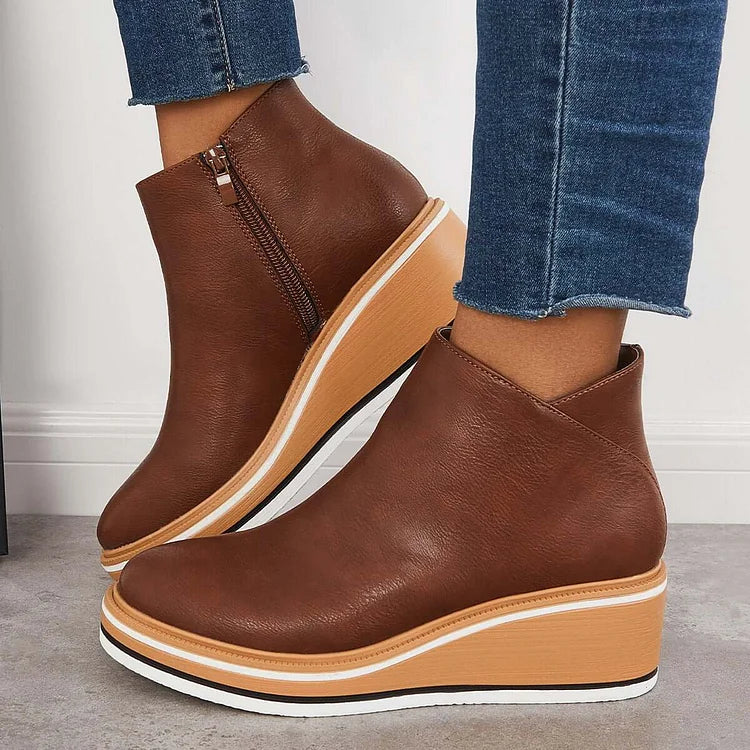 Women's ankle boots with side zip, rounded toe and high wedge platform