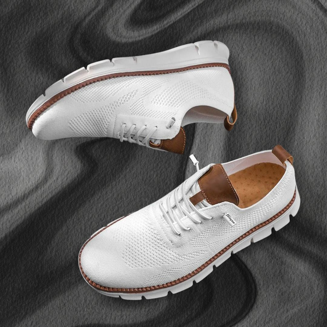 Men's Knit Trainer Lace-Up Leather-Trim Sole - White