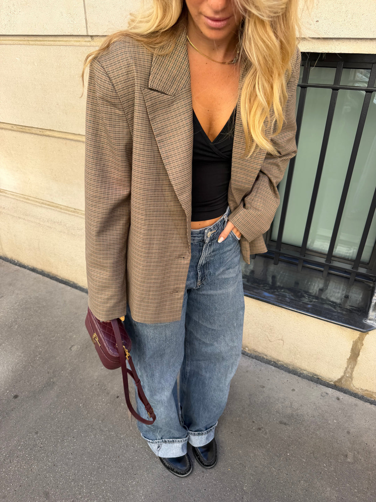Women's brown checked wrap blazer with lapel collar and tie waist