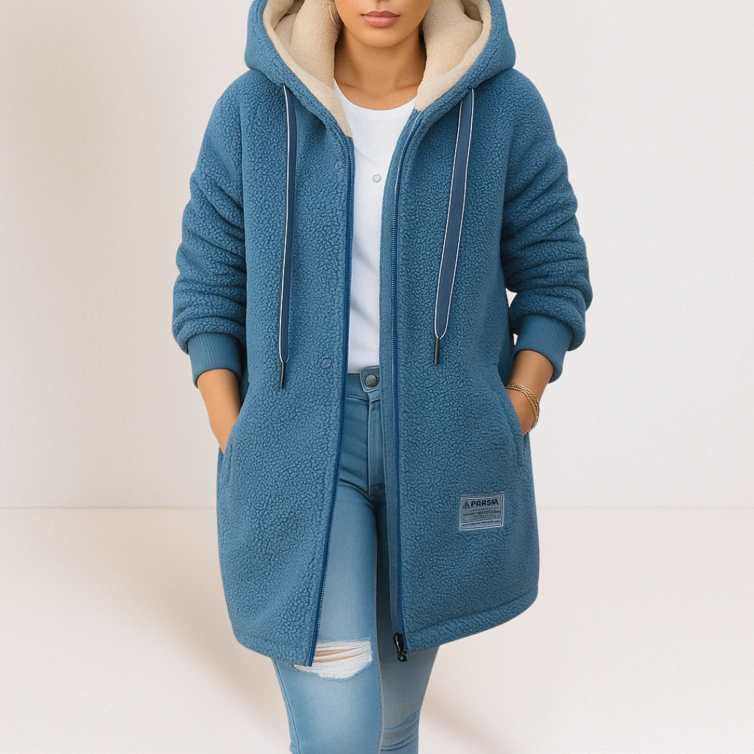 Women's longline hooded fleece jacket with zip front and pockets