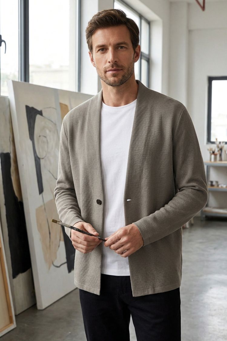 Men's textured long-sleeve cardigan with stand collar and button front