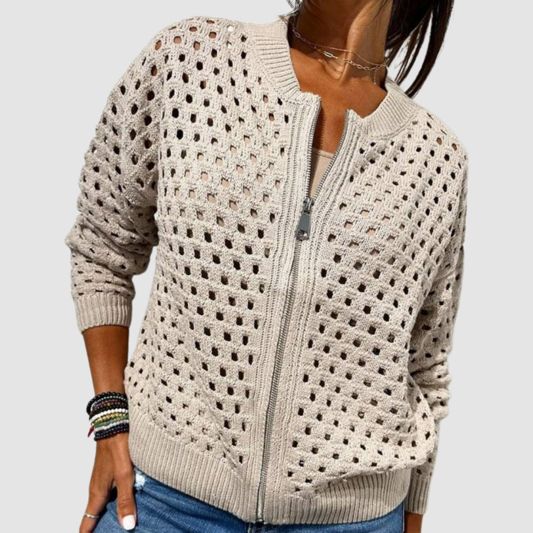 Women's openwork knitted cardigan with crew neck and front zip