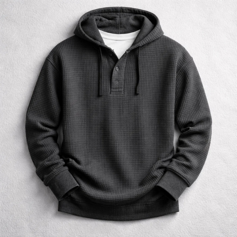 Men's waffle-knit Henley hoodie with drawstring hood and long sleeves