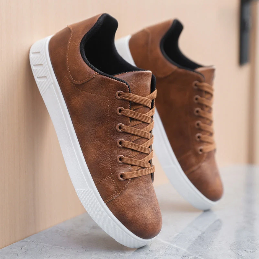 Men's Leather-Look Trainers Low-Top White Sole - Black