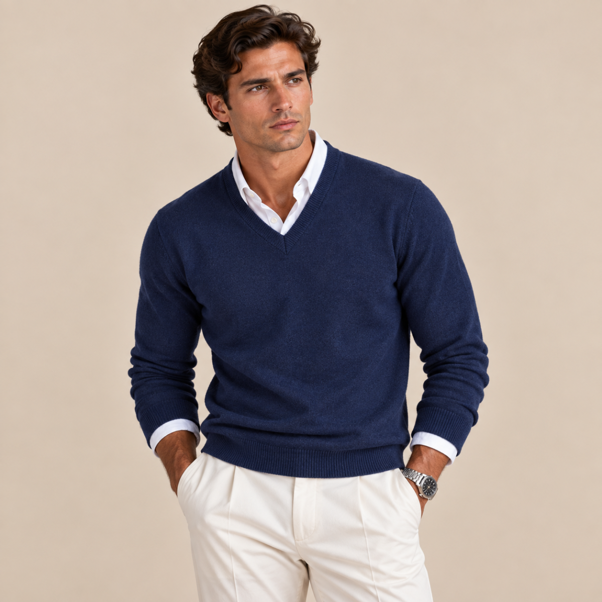 Men's long-sleeve V-neck sweater with ribbed trims