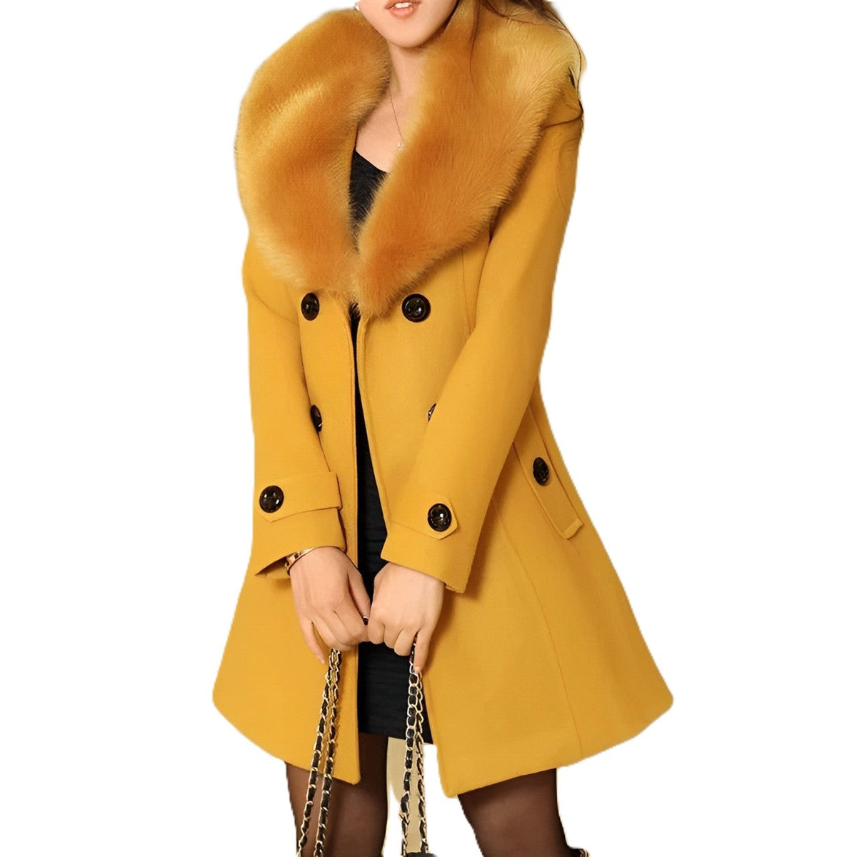 Women's button-front coat with a wide textured collar and long sleeves