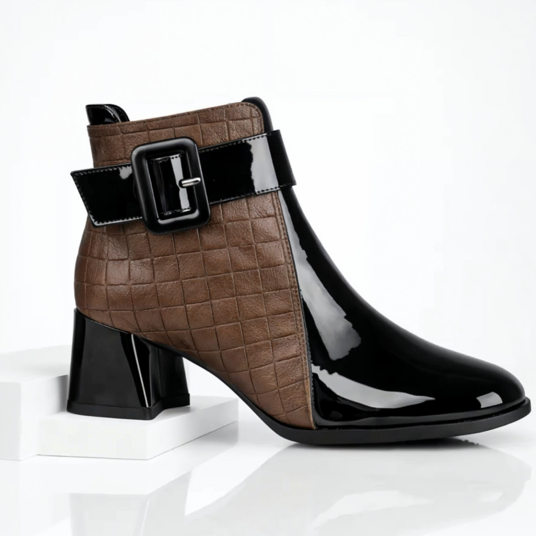Women's quilted ankle boots with buckle strap, glossy panels and block heel