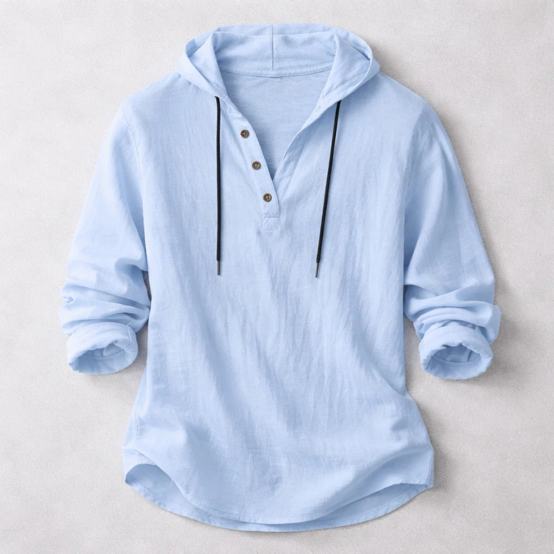 Men's long-sleeve hooded shirt with button placket and curved hem