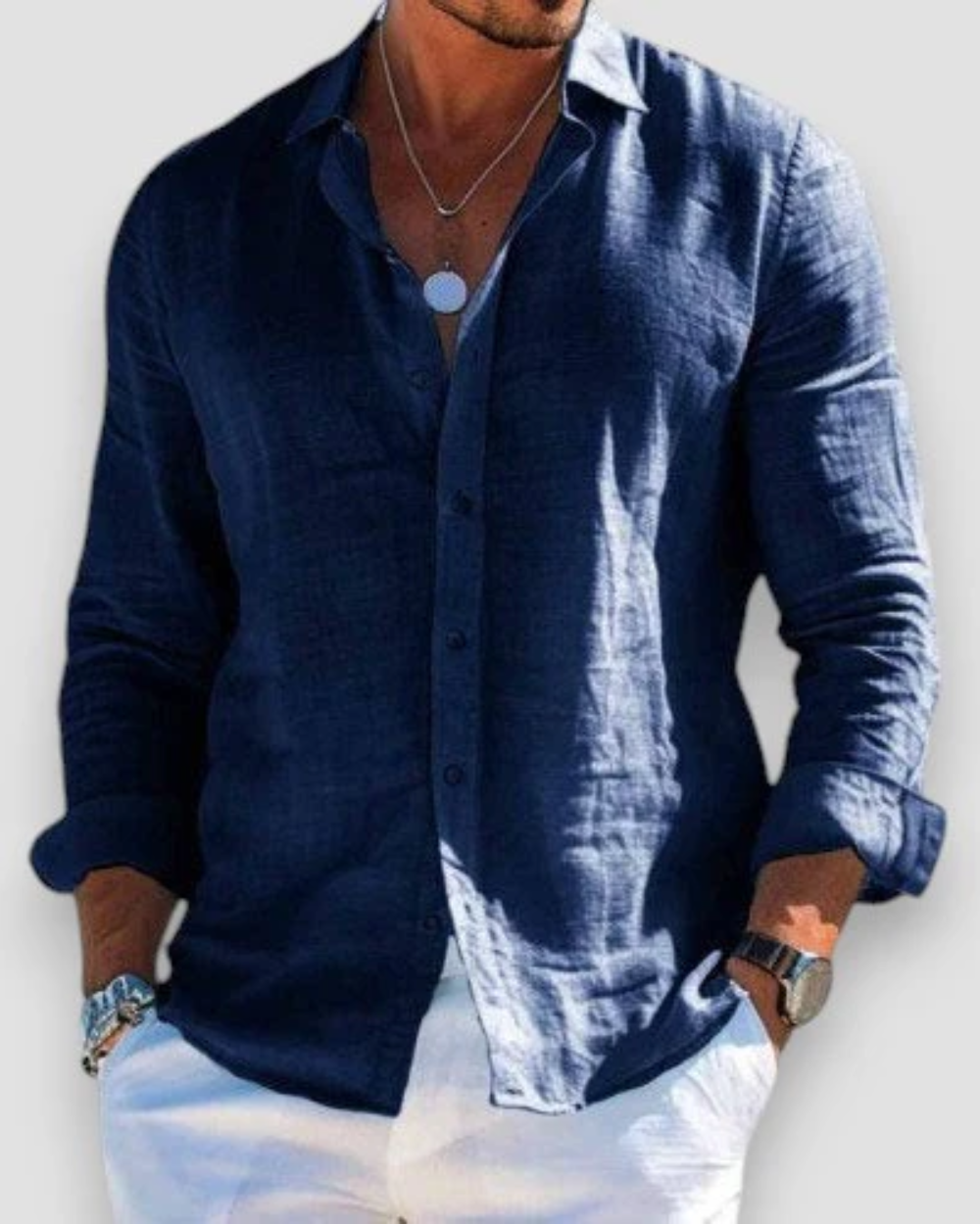 Men's plain long-sleeve button shirt with collared neckline and rolled cuffs