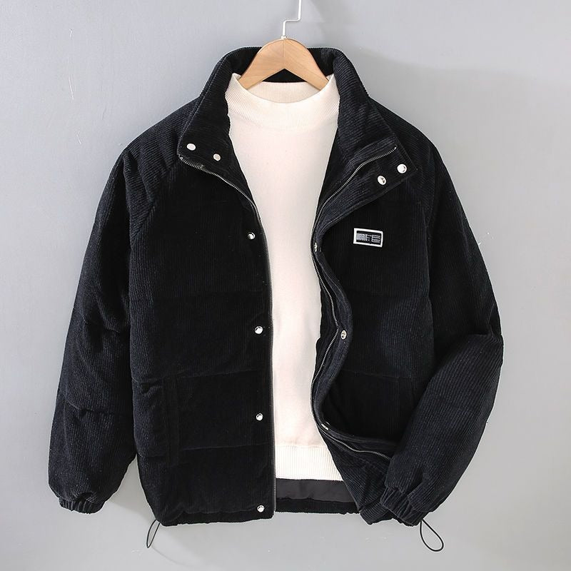Men's ribbed padded jacket with stand collar, zip fastening and long sleeves