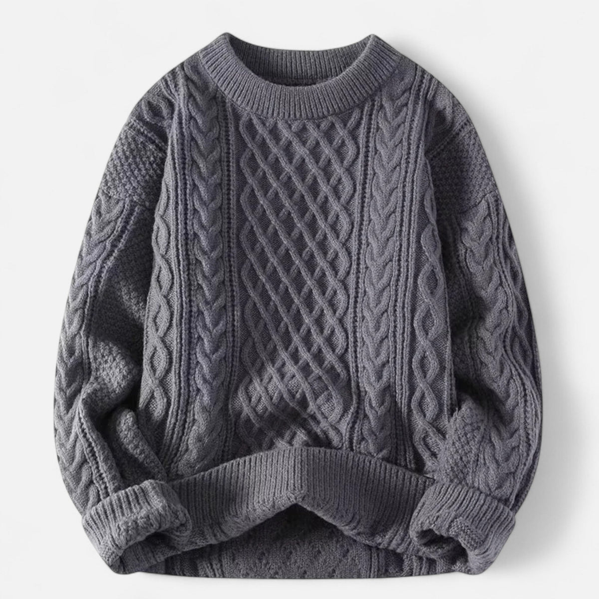 Men's cable knit crew neck jumper with long sleeves and ribbed trims