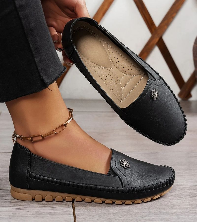 Women's plain square-toe moccasin loafers with decorative front trim and stitched edging