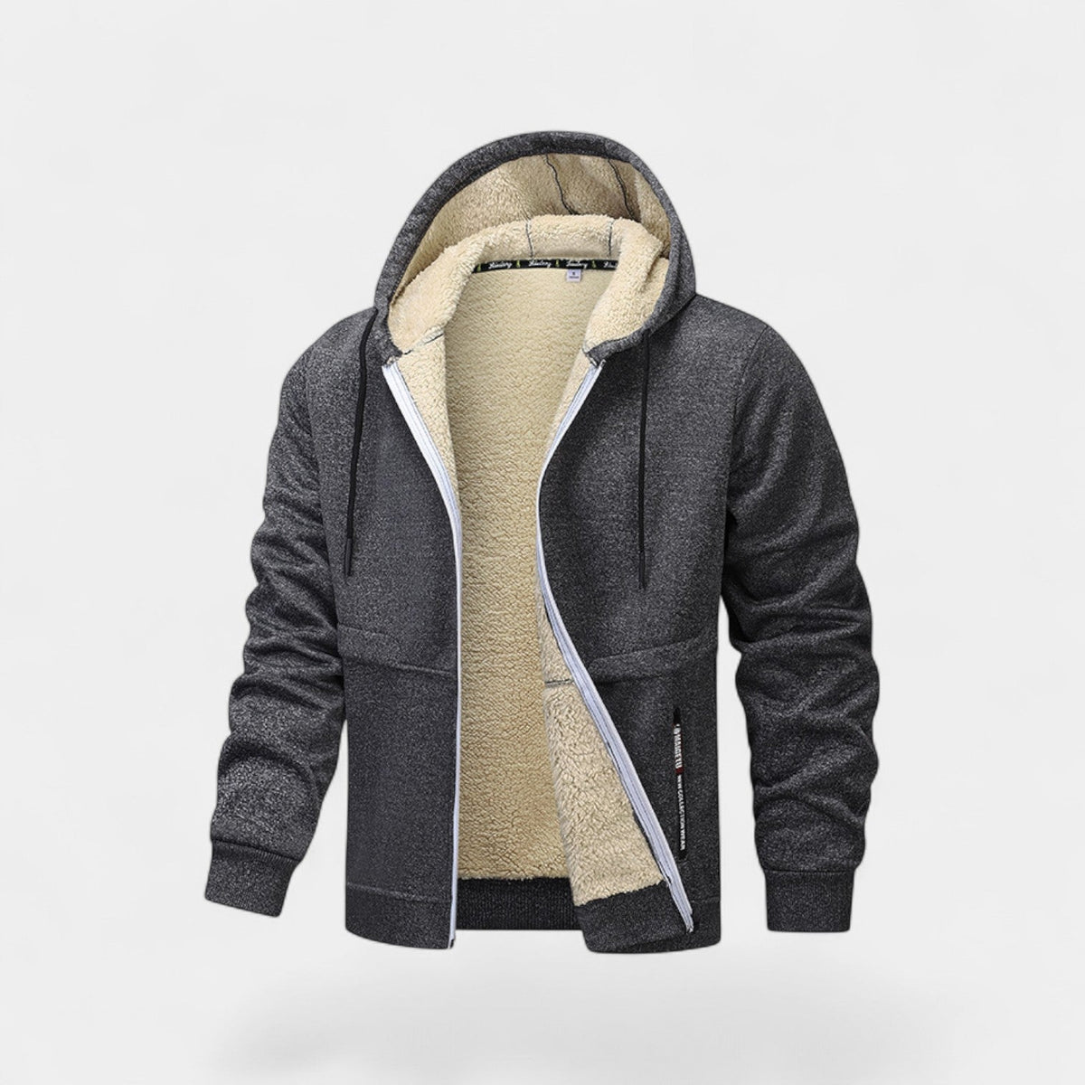 Men's hooded zip cardigan with cream sherpa-style lining and front pockets