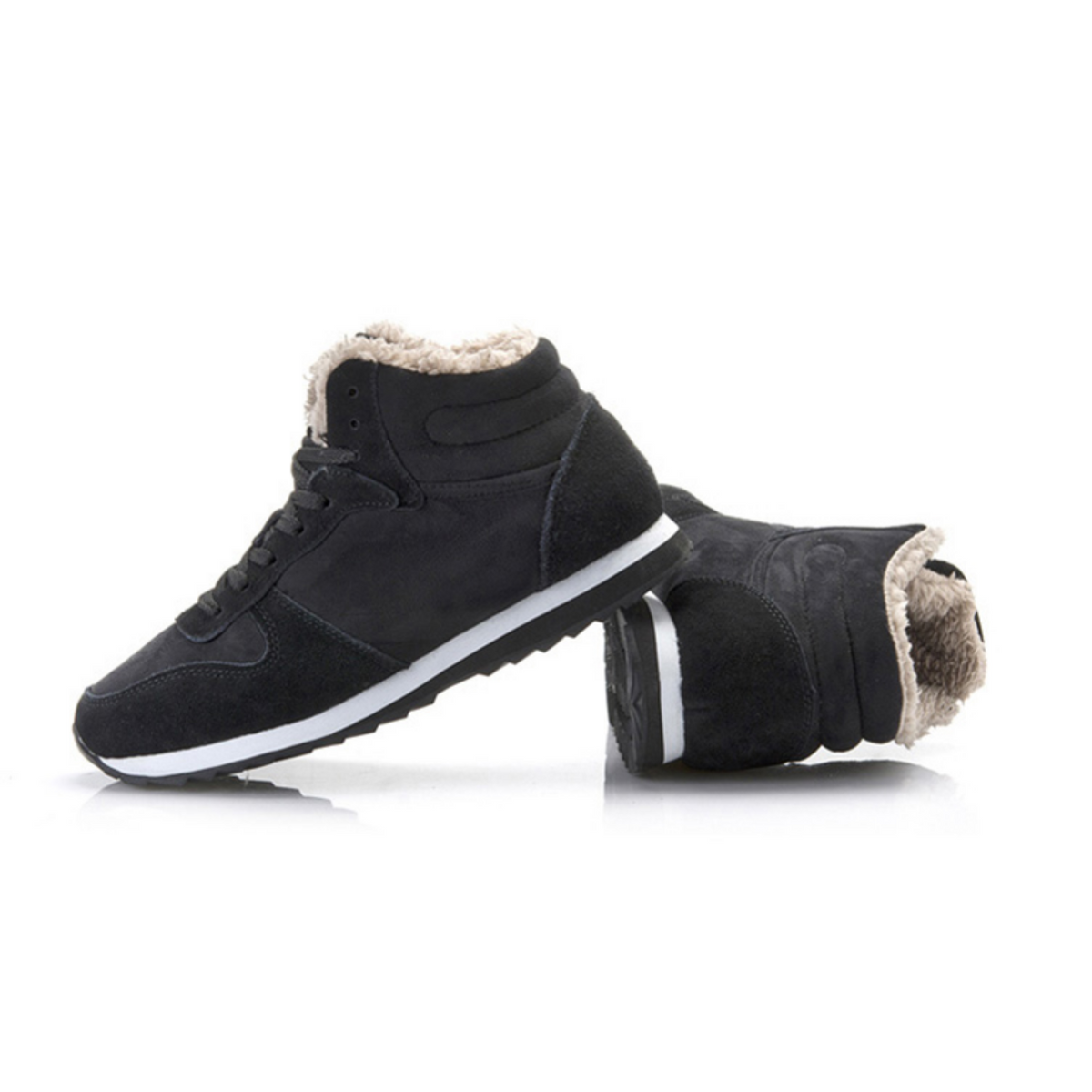 High-top sneaker boots with lace-up fronts, faux-fur collars and contrast soles