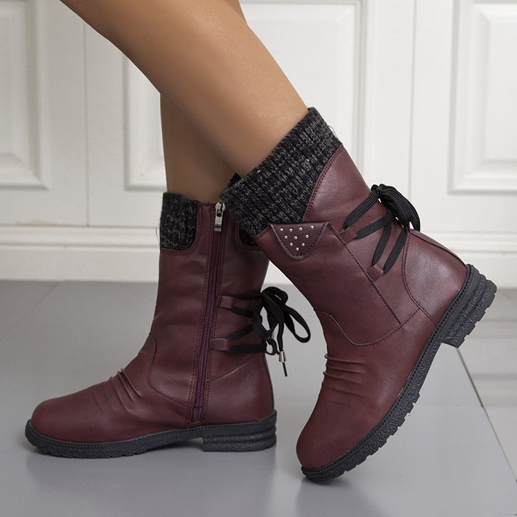Women's mid-calf boots with side zips, lace-up detail, knitted cuffs and low heels