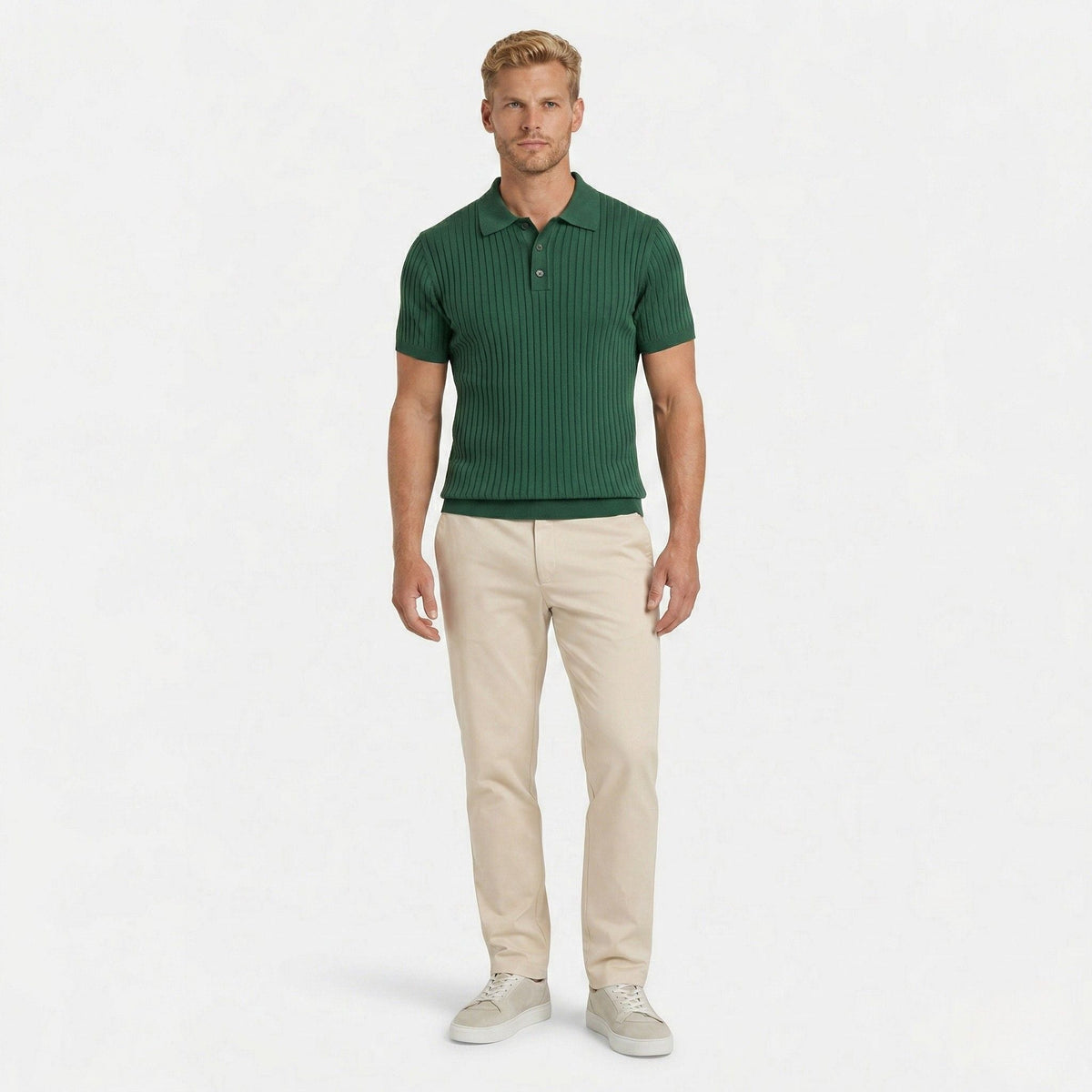 Men's ribbed knit polo shirt with short sleeves and button placket