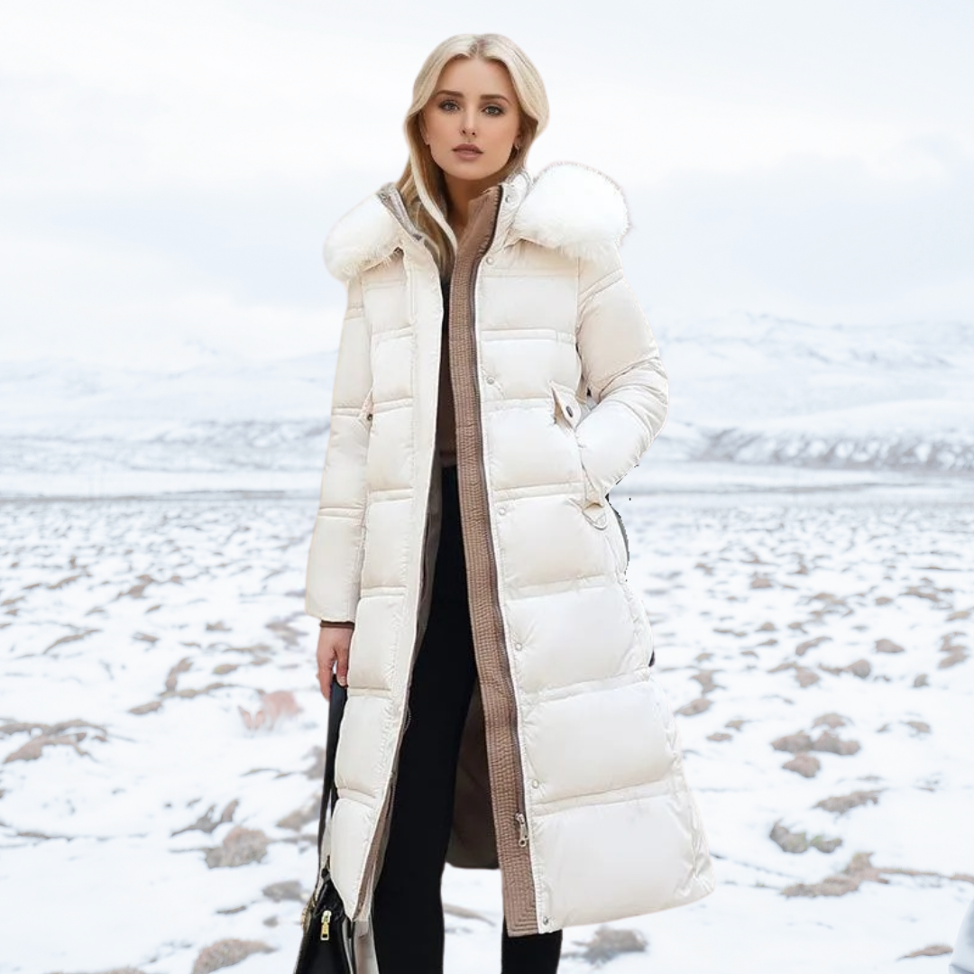 Women's long quilted hooded coat with fur-style trim