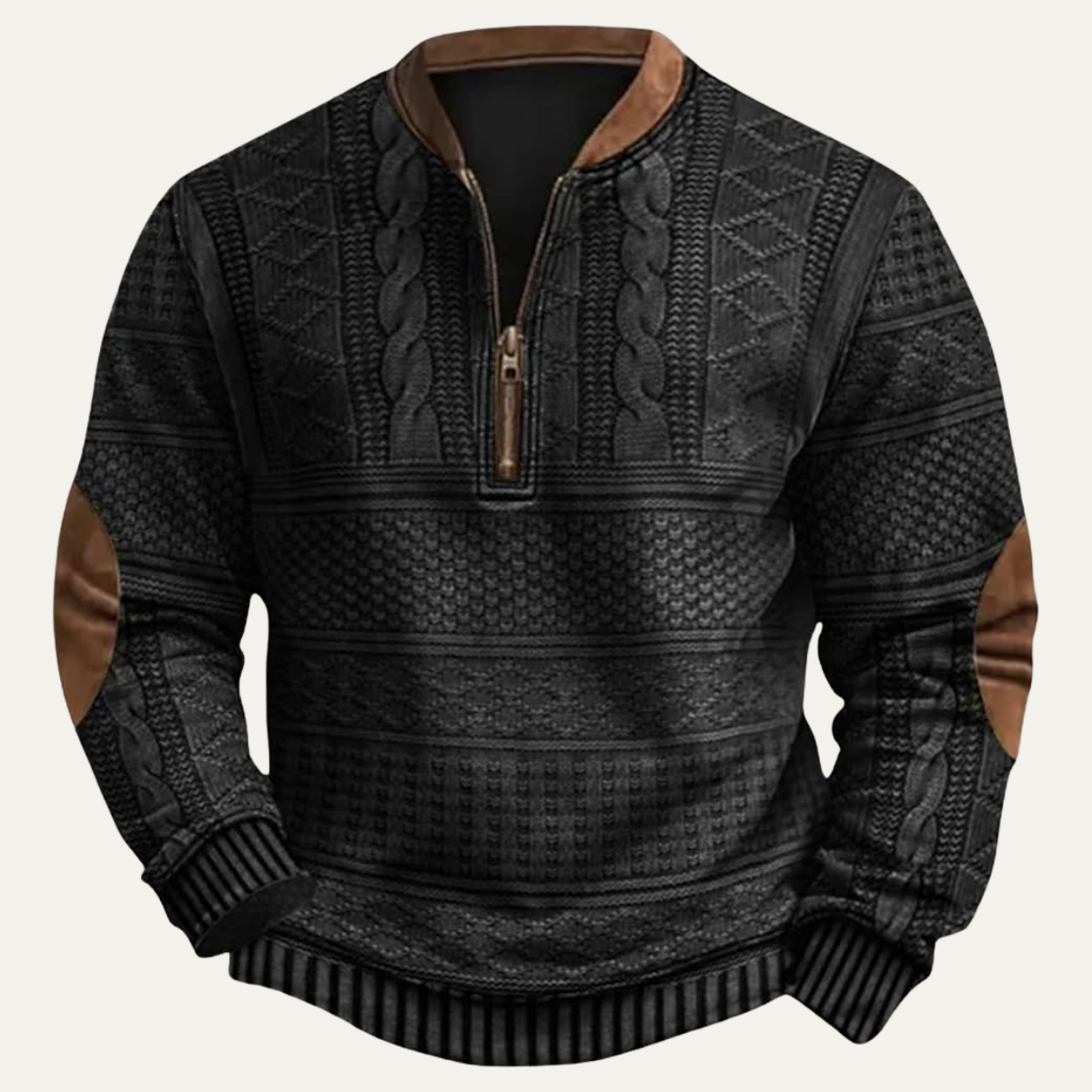 Men's textured patterned half-zip sweater with elbow patches and ribbed trims