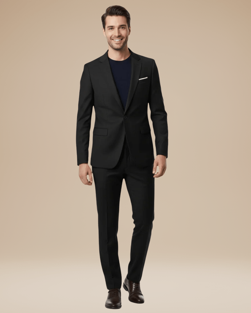 Men's two-piece suit with notched lapel blazer and matching trousers