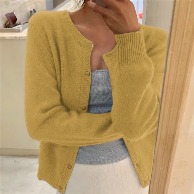Women's relaxed button front knit cardigan with long sleeves and ribbed trims