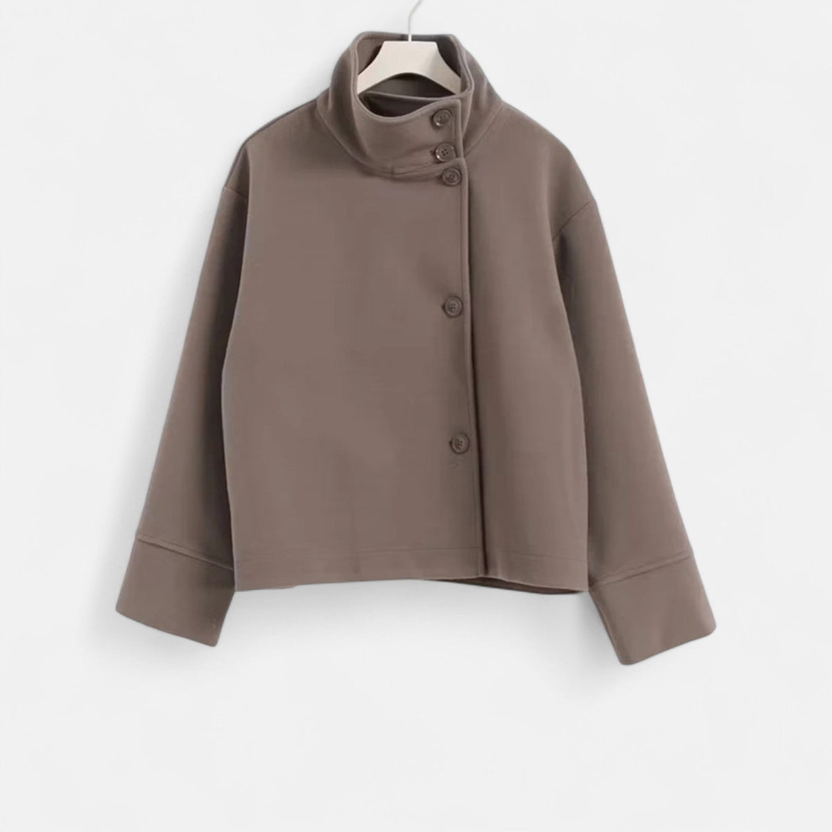 Women's short collared coat with long sleeves and button front