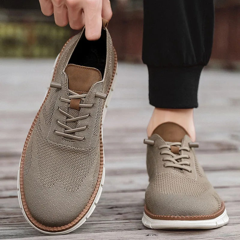 Men's Knit Trainers Lace-Up Contrast Sole - Beige
