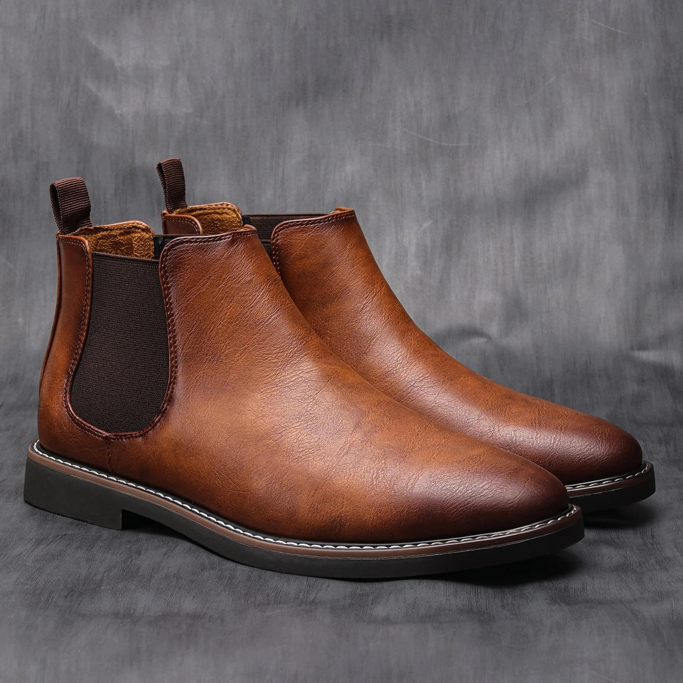 Men's Chelsea Boot Leather-Look Elastic Side Panel - Brown