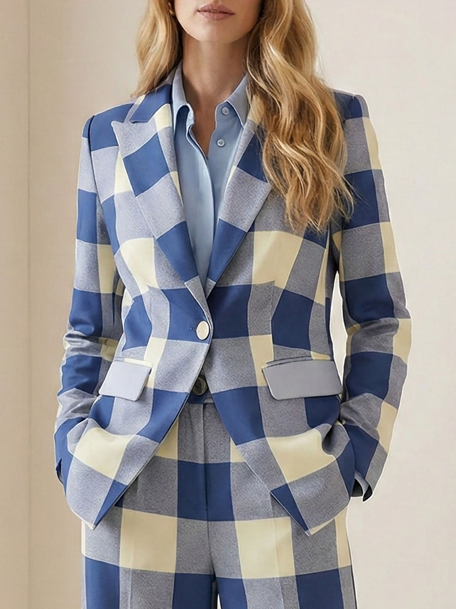 Women's blue checked plaid blazer with notched collar, button fastening and flap pockets