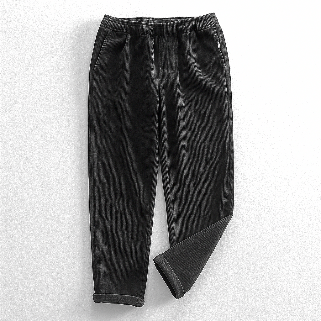 Men's tapered corduroy trousers with elasticated waist and turned-up cuffs