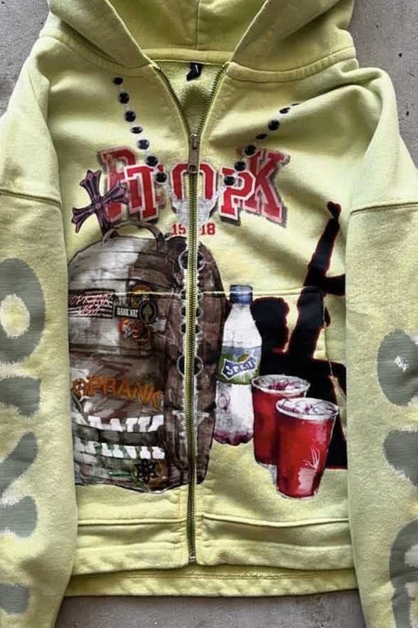 Yellow hooded zip hoodie with graphic front and sleeve prints