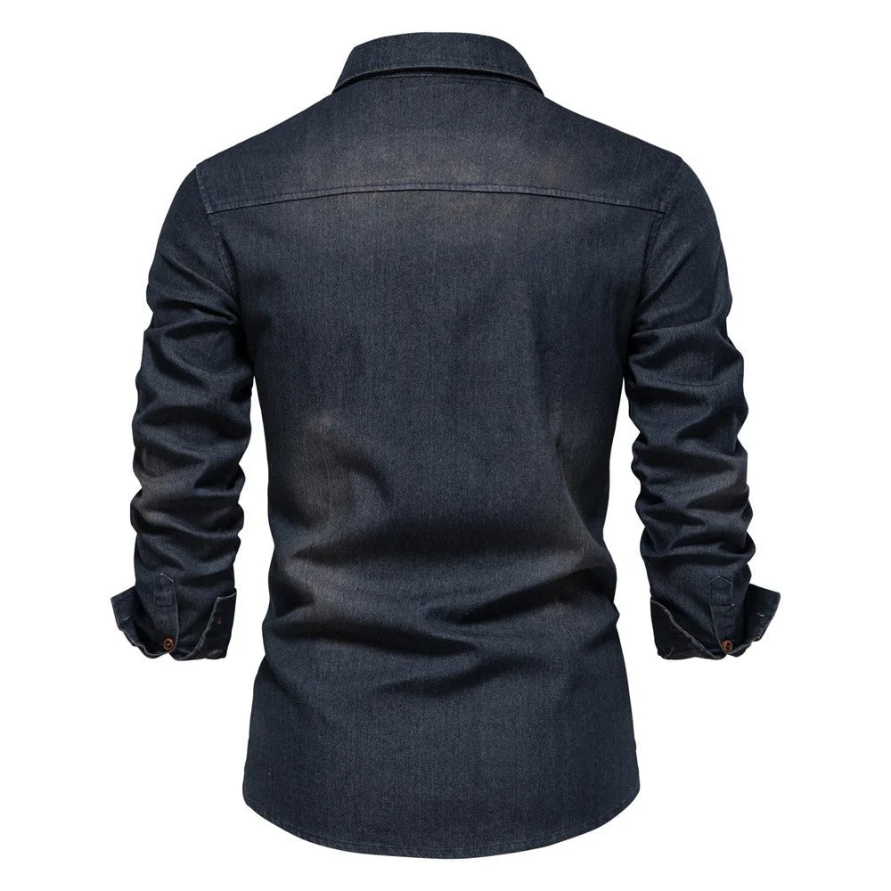 Men's Denim Shirt Western Dual Chest Pockets Long Sleeve - Navy