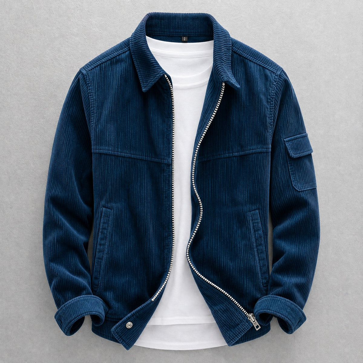Men's ribbed corduroy jacket with collar, zip front and sleeve pocket