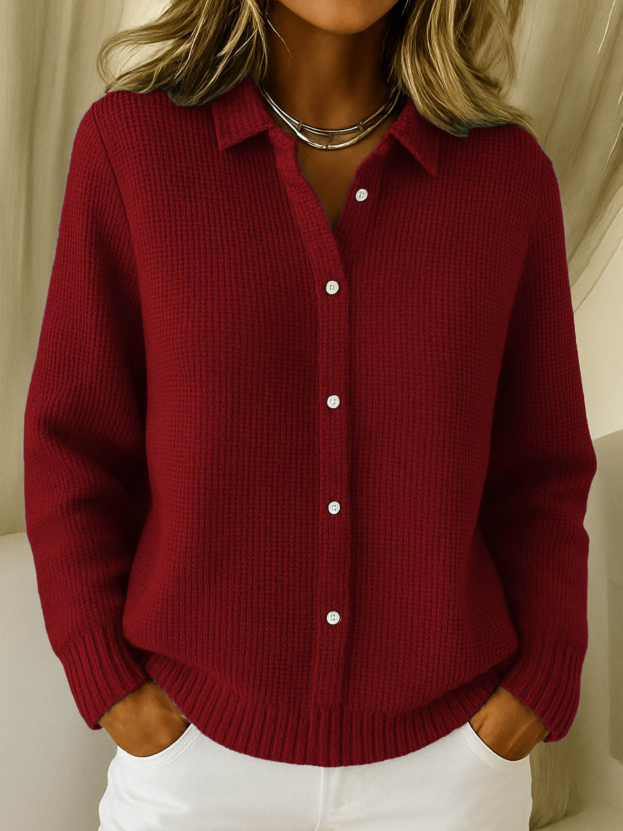 Women's textured knit cardigan with shirt collar, long sleeves and button front