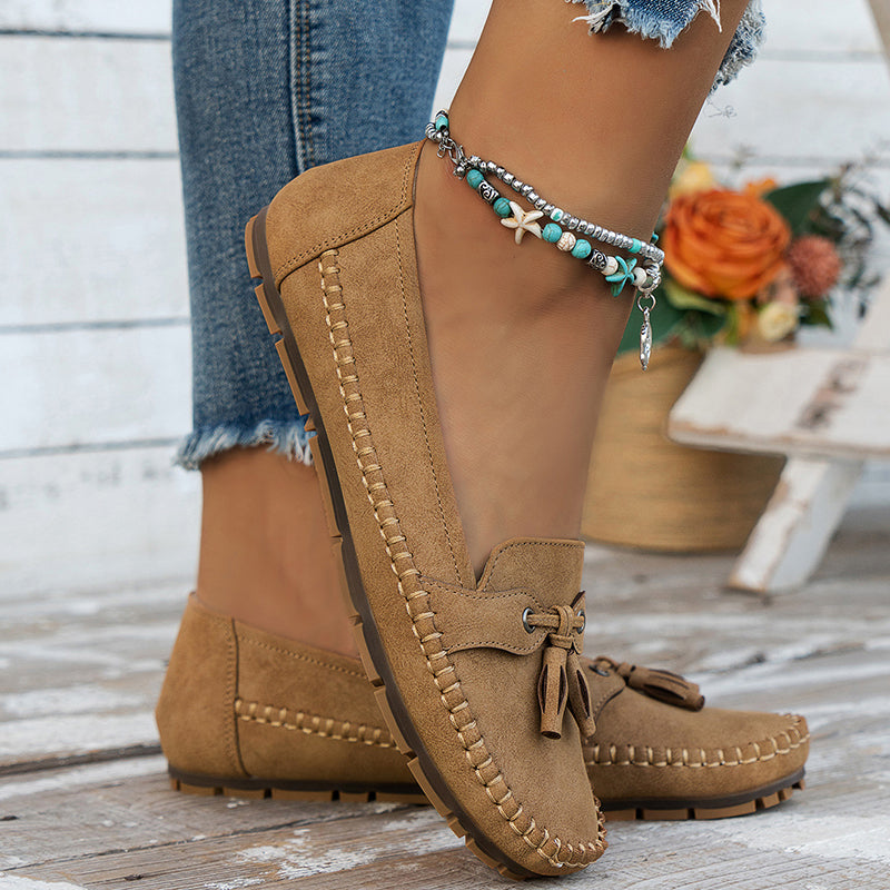 Women's moc toe loafers with lace detail and flat heels