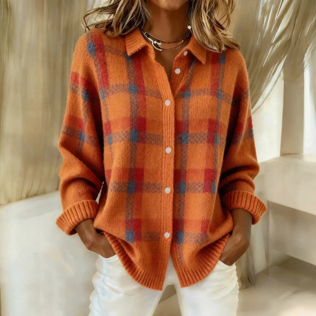 Women's long-sleeved checked collared jumper with button front and ribbed trims