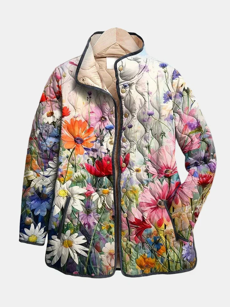 Women's multicoloured floral quilted jacket with stand collar and button front