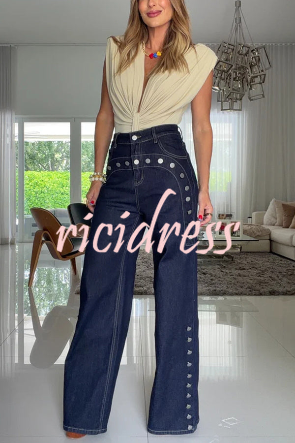 Women's navy high-rise wide leg jeans with silver stud details