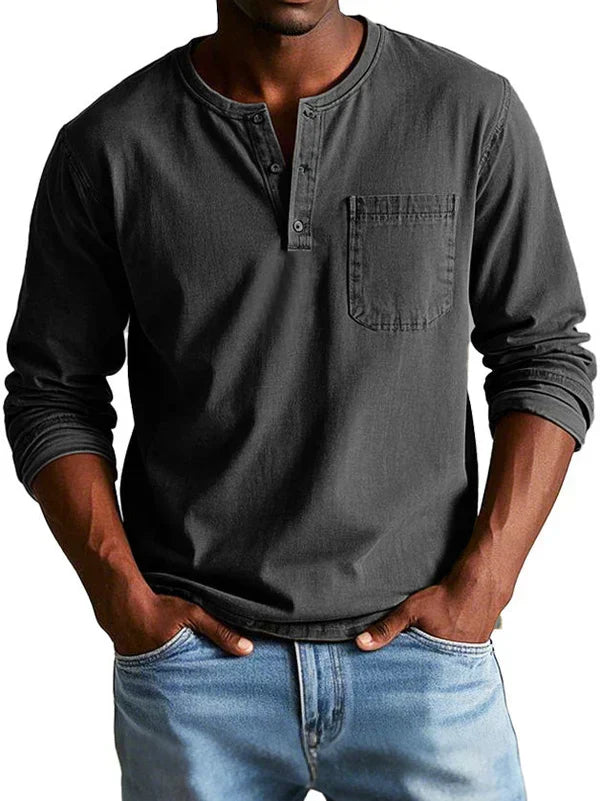 Men's long sleeve Henley shirt with Mandarin collar and chest pocket