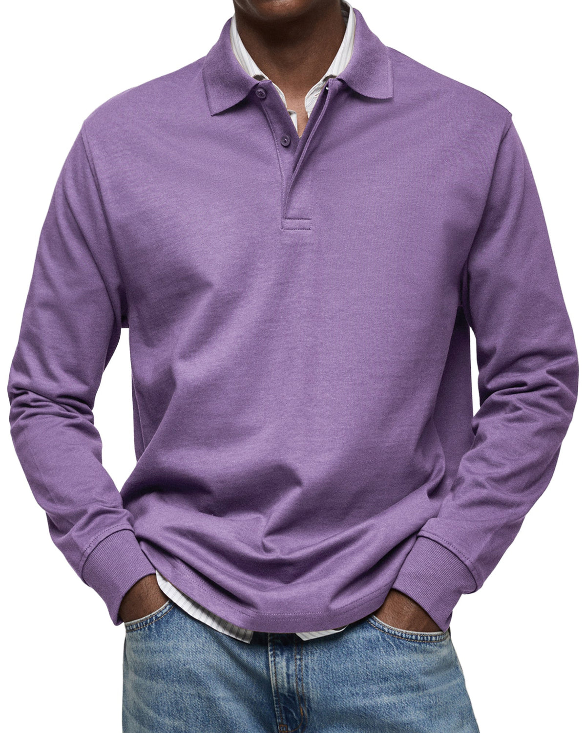 Men's long-sleeve polo jumper with collared neckline and button placket