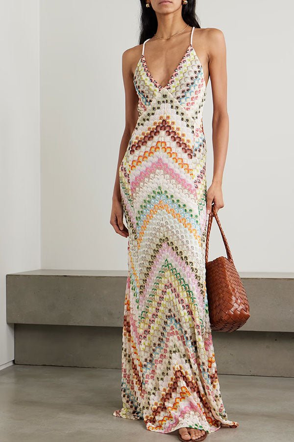 Women's multicoloured geometric knit maxi dress with V-neck and spaghetti straps
