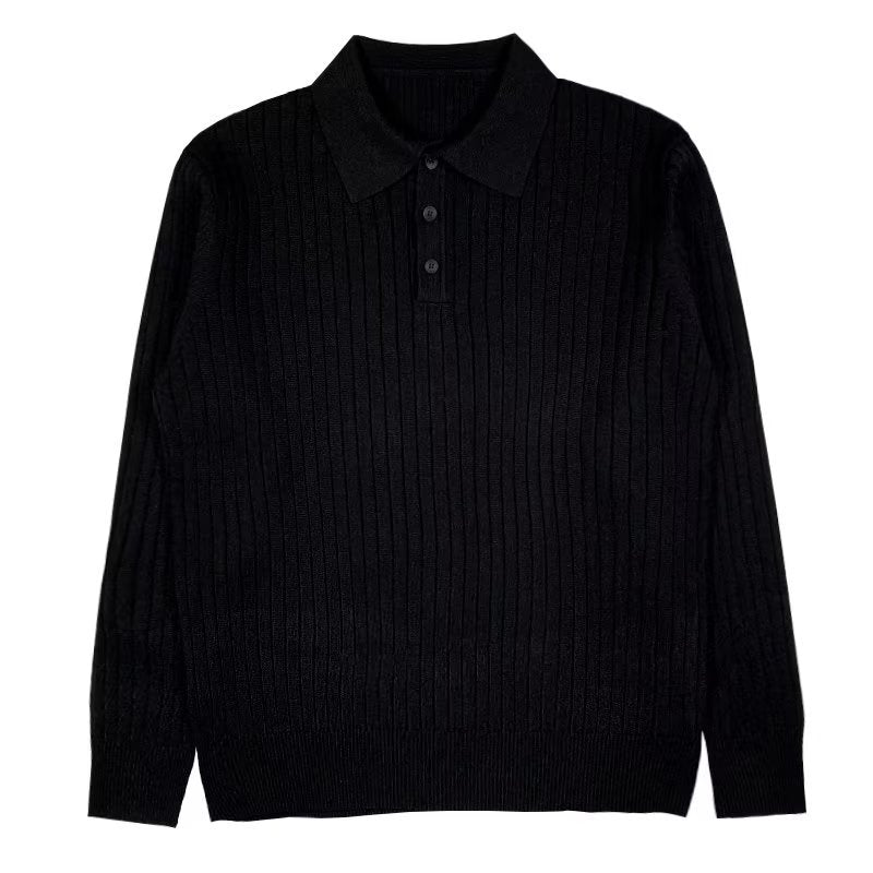 Men's ribbed polo sweater with lapel collar and long sleeves