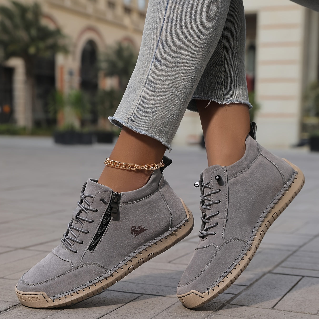 Women's Ankle Boot Lace-Up Side Zip - Grey