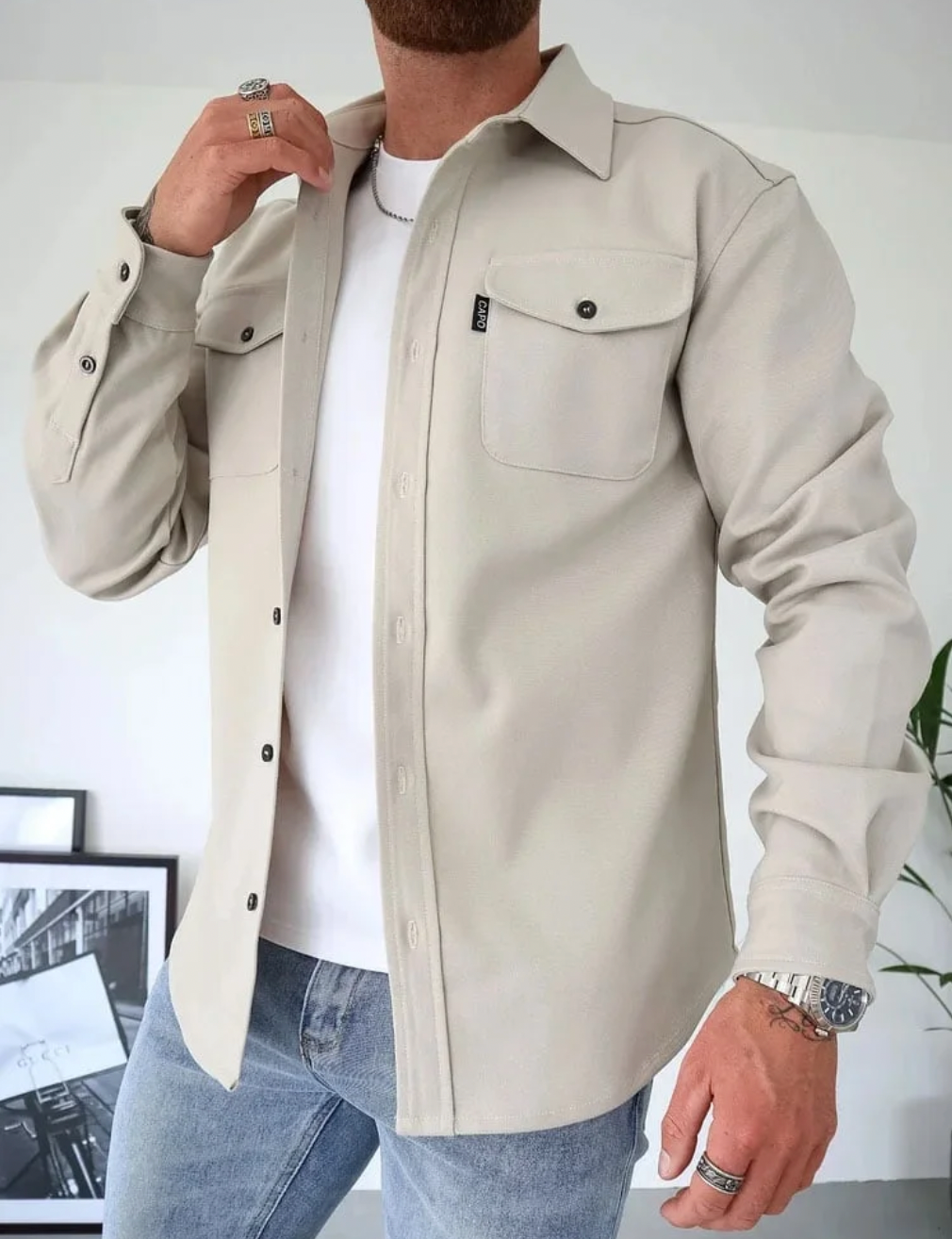 Men's long-sleeve button-front shirt jacket with two flap chest pockets