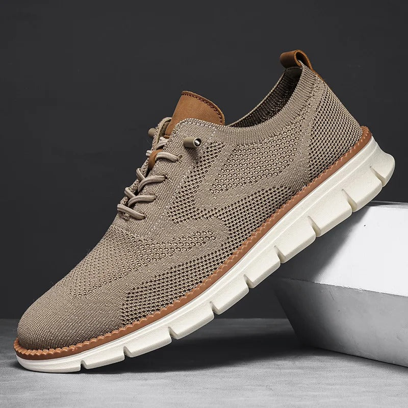 Men's Knit Trainers Lace-Up Contrast Sole - Beige