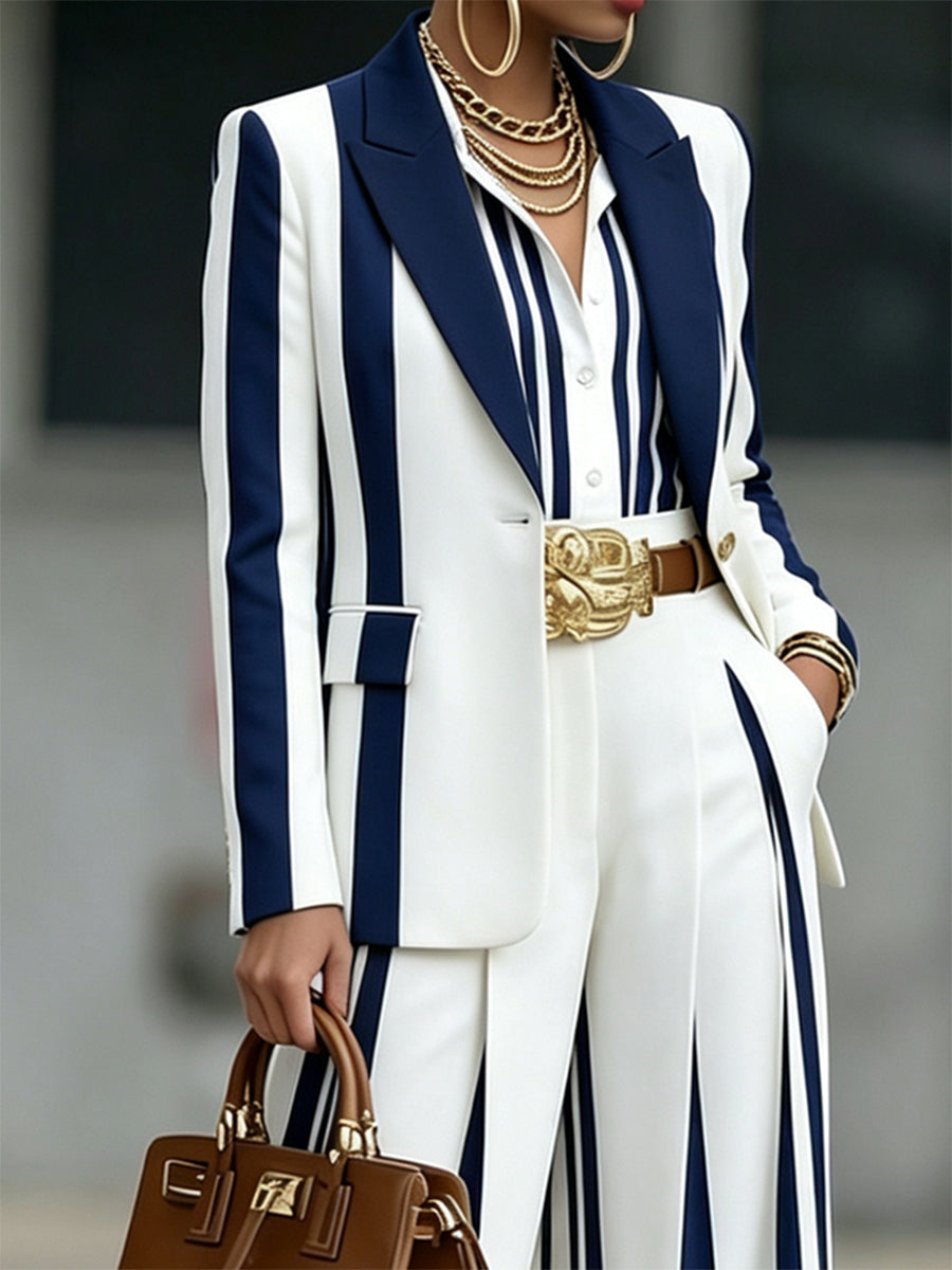 Women's navy and white striped blazer with notched collar and long sleeves