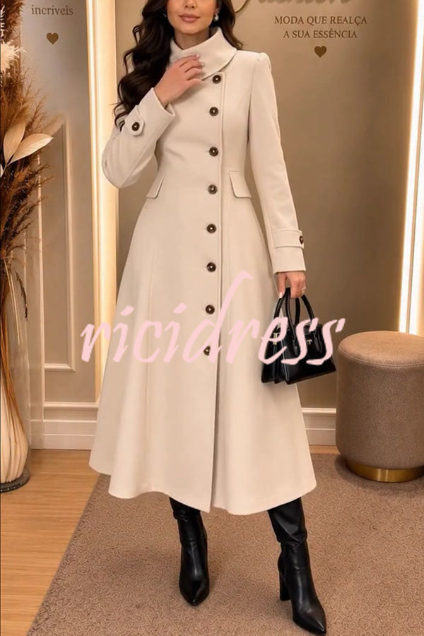 Women's beige flared midi coat with high collar, buttons and flap pockets