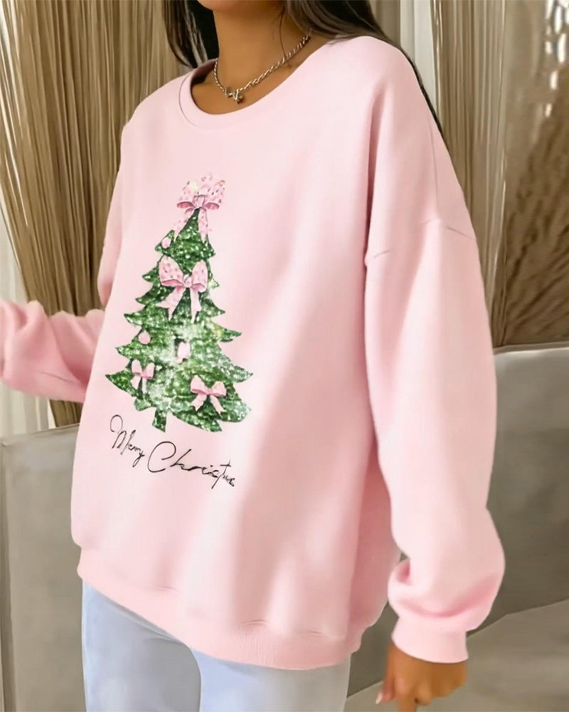 Women's long-sleeve sweatshirt with a decorated Christmas tree and Merry Christmas print