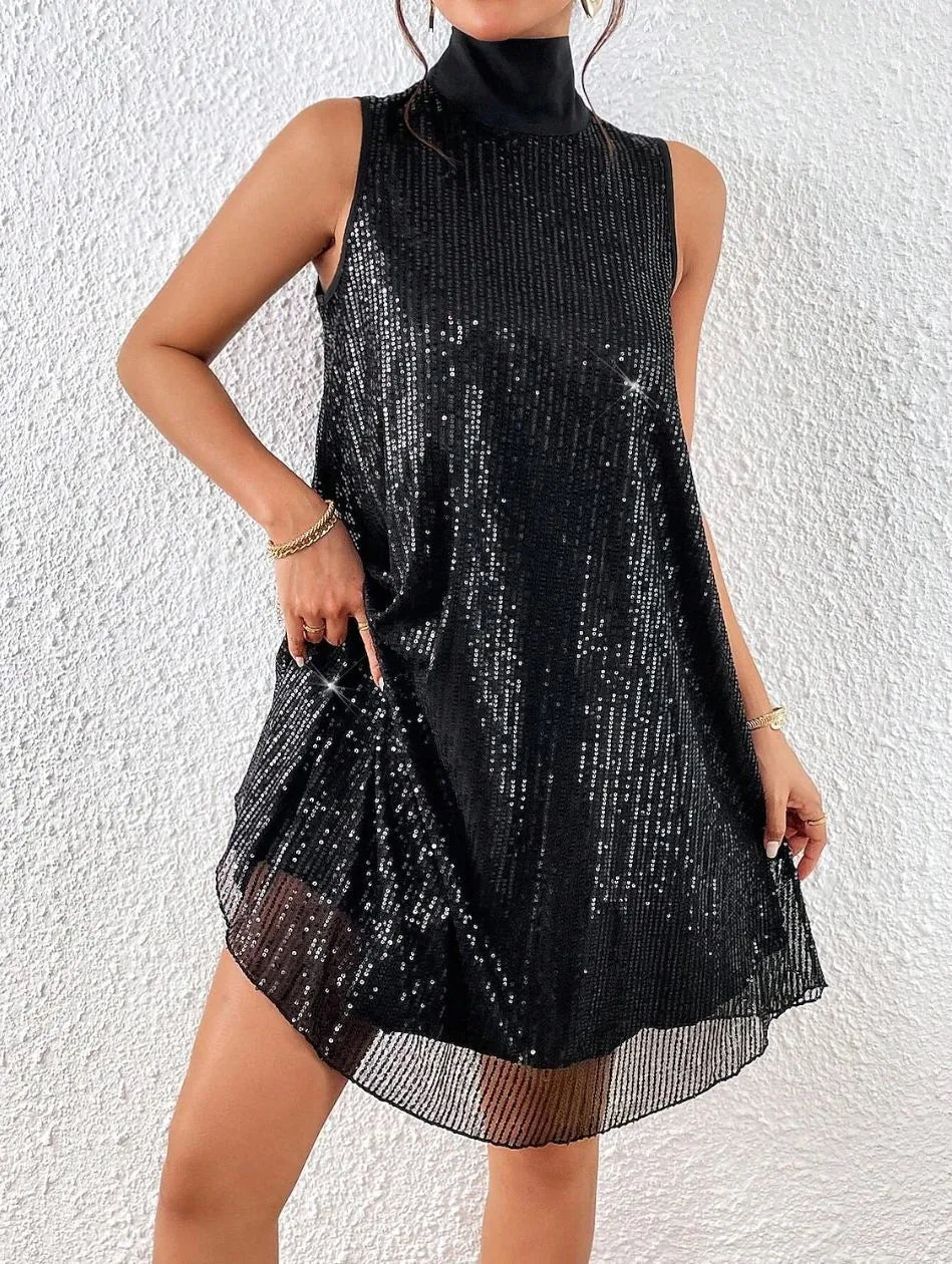 Women's sleeveless sequin mini dress with mock neckline and A-line shape