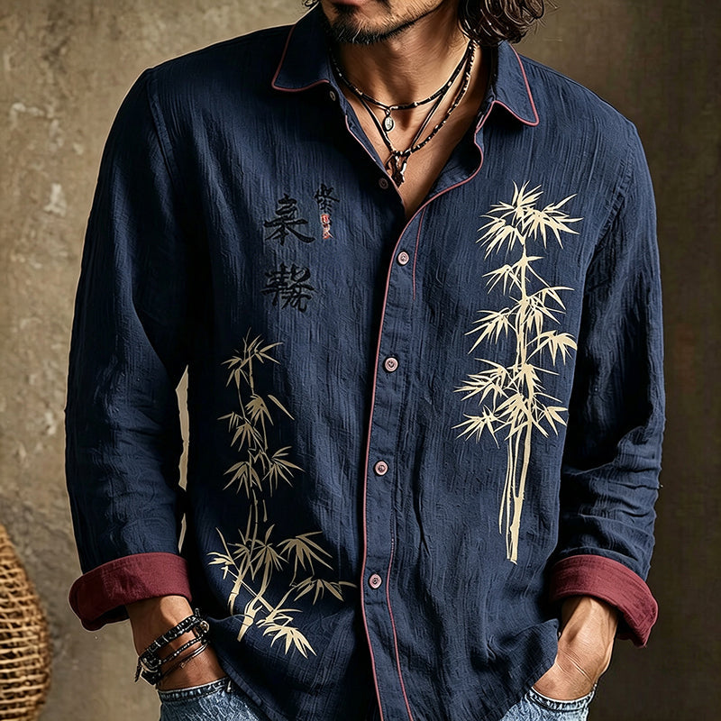 Men's long-sleeved shirt with bamboo artwork, calligraphy and contrast trim