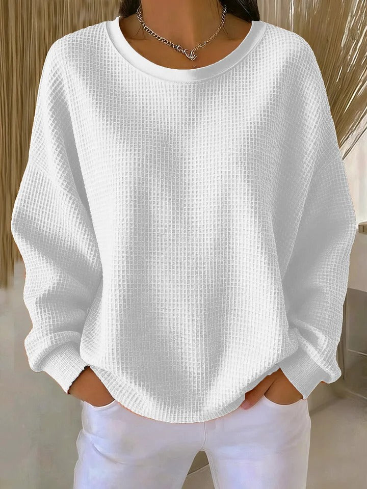 Women's long-sleeve waffle-knit crew-neck jumper with ribbed trims